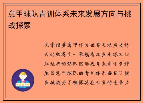 意甲球队青训体系未来发展方向与挑战探索