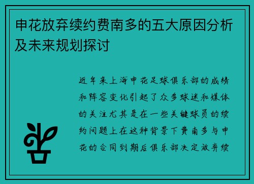 申花放弃续约费南多的五大原因分析及未来规划探讨 申花放弃续约费南多的五大原因分析及未来规划探讨
