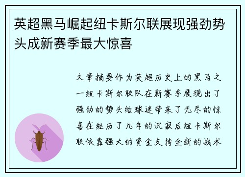 英超黑马崛起纽卡斯尔联展现强劲势头成新赛季最大惊喜 英超黑马崛起纽卡斯尔联展现强劲势头成新赛季最大惊喜
